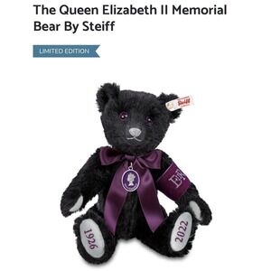 Steiff Queen Elizabeth Memorial Bear Black Mohair New 12" 664519 Rare‎ 31 cm Bow